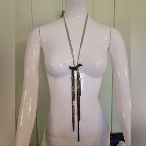 NEW Hoss Intropia Anthropologie gray lace and gold chain bow necklace